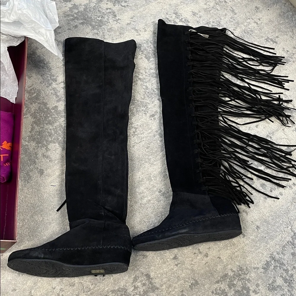 NIB ETRO Suede Fringe Over The Knee Moccasin Boot Black Sz 36